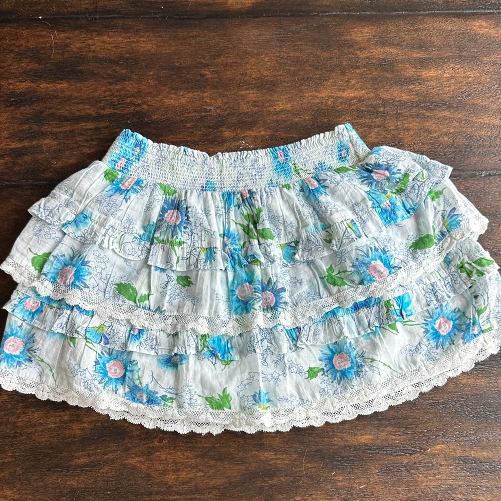 LoveShackFancy Blue White Floral Tiered skirt girls size 10